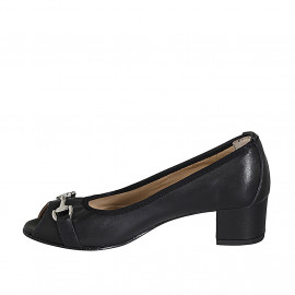 Zapato abierto en punta para mujer con accesorio en piel negra tacon 4 - Tallas disponibles:  32, 33, 34, 42, 43, 45 2