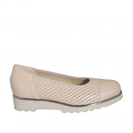 Woman's ballerina shoe in pierced light pink leather with captoe wedge heel 3 - Available sizes:  34, 44, 45