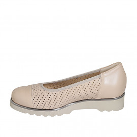 Woman's ballerina shoe in pierced light pink leather with captoe wedge heel 3 - Available sizes:  34, 44, 45 2