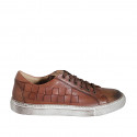 Man's laced shoe with removable insole in cognac brown leather and braided leather - Available sizes:  37, 38, 46, 47, 48
