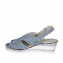 Woman's sandal in light blue printed leather wedge heel 5 - Available sizes:  42, 45