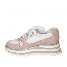 Scarpa stringata con cerniere da donna in pelle bianca e nude zeppa 5 - Misure disponibili: 42, 43 2