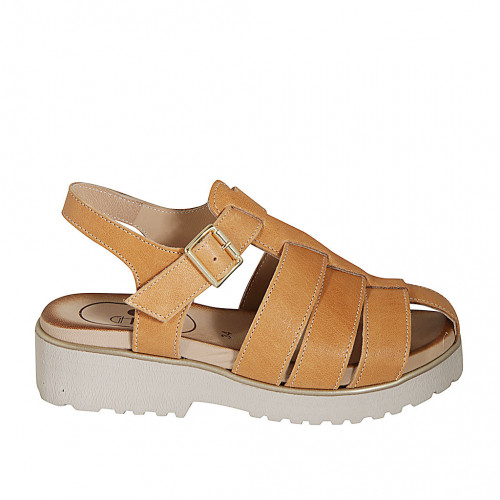 Woman's sandal with strap in cognac brown leather heel 3 - Available sizes:  32, 42, 43