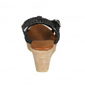 Woman's strap platform sandal in black braided leather wedge heel 7 - Available sizes:  42, 43, 44, 45
