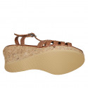 Woman's strap platform sandal in cognac brown braided leather wedge heel 7 - Available sizes:  42, 43, 44
