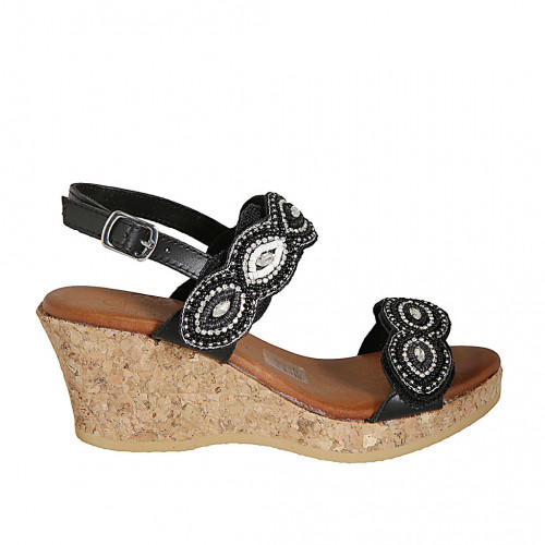 Woman's sandal in black leather with velcro straps, beads and wedge heel 7 - Available sizes:  43, 44