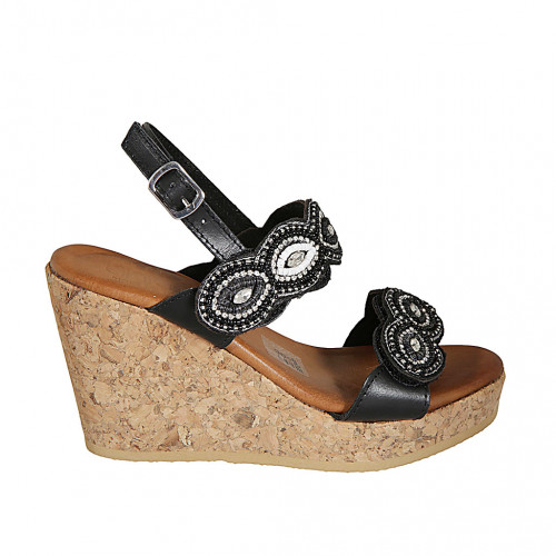 Woman's sandal in black leather with velcro straps and beads with wedge heel 9 - Available sizes:  43, 44, 45