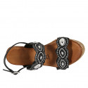 Woman's sandal in black leather with velcro straps and beads with wedge heel 9 - Available sizes:  43, 44, 45