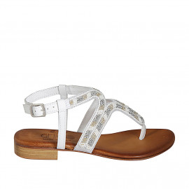 Woman's thong sandal in white leather with ankle strap and beads heel 2 - Available sizes:  43