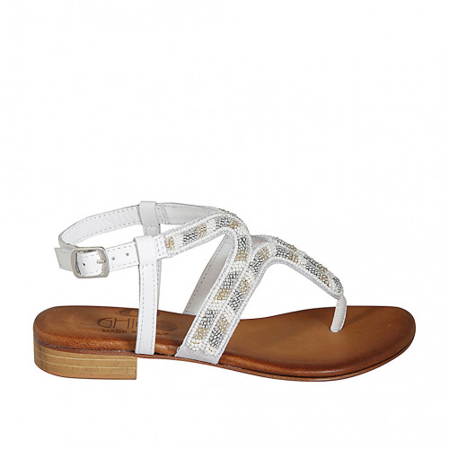 Woman's thong sandal in white leather with ankle strap and beads heel 2 - Available sizes:  43