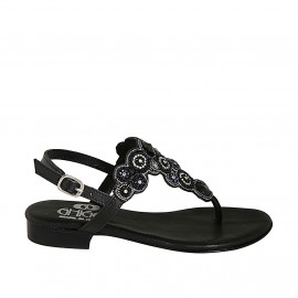 Woman's thong sandal in black leather with beads heel 2 - Available sizes:  32
