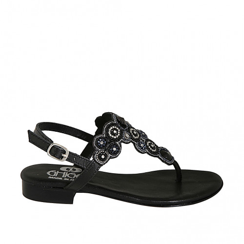 Woman's thong sandal in black leather with beads heel 2 - Available sizes:  32