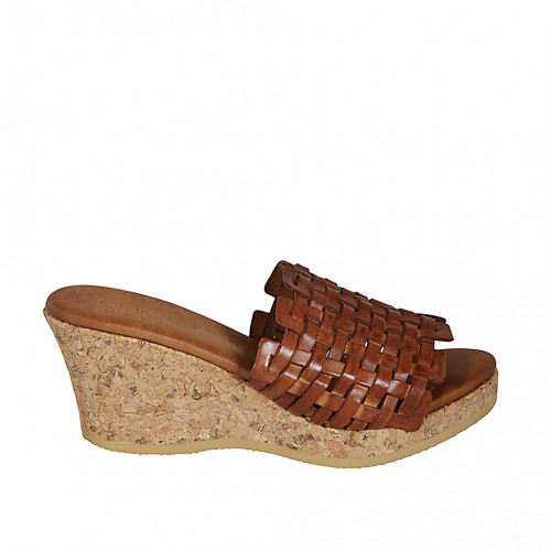 Woman's mules in cognac brown braided leather with platform and wedge heel 7 - Available sizes:  42, 43