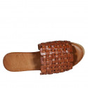 Woman's mules in cognac brown braided leather with platform and wedge heel 7 - Available sizes:  42, 43