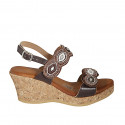 Woman's sandal in brown leather with velcro straps and beads with wedge heel 7 - Available sizes:  42, 44