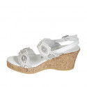 Woman's sandal in white leather with velcro straps and beads with wedge heel 7 - Available sizes:  42, 43