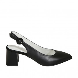 Chaussure ouverte au talon à bout pointu pour femmes en cuir noir talon carré 6 - Pointures disponibles:  32
