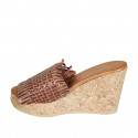 Woman's mules in cognac brown braided leather with platform and wedge heel 9 - Available sizes:  42, 44