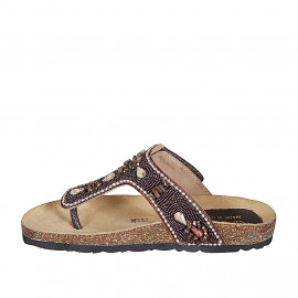 Woman's thong mule in dark brown leather with velcro strap, beads and rhinestones wedge heel 2 - Available sizes:  32, 42 2