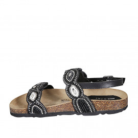 Sandalo da donna in pelle nera con velcro, perline e strass zeppa 2 - Misure disponibili: 32 2