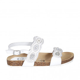 Woman's sandal in white leather with velcro straps, beads and rhinestones wedge heel 2 - Available sizes:  32