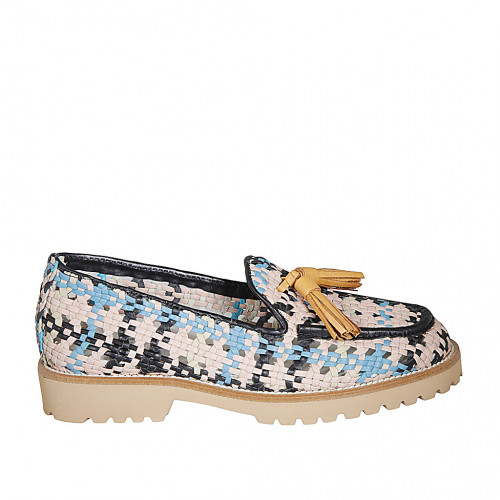 Mocassin pour femmes en cuir tressé rose, noir, bleu clair et cognac avec glands talon 3 - Pointures disponibles:  32, 44, 45