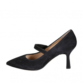 Woman's pointy Mary Jane in black suede with strap heel 8 - Available sizes:  43, 44, 45 2