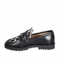 Woman's loafer shoe with accessory in black and black and white haircalf heel 3 - Available sizes:  32, 42, 43