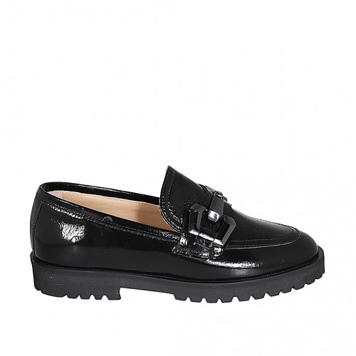 Mocassino da donna con accessorio in vernice nera tacco 3 - Misure disponibili: 32, 35, 43, 44, 45