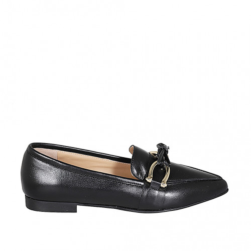 Woman's pointy mocassin in black leather with accessory and bow heel 1 - Available sizes:  35, 42, 43