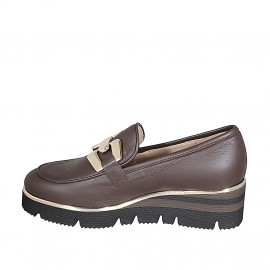 Woman's mocassin in brown leather with accessory wedge heel 4 - Available sizes:  42, 43, 45, 46 2