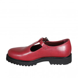 Zapato con cinturon charleston para mujer en piel granate tacon 3 - Tallas disponibles:  32, 33, 43 2