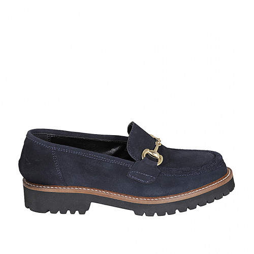 Woman's mocassin with accessory in blue suede heel 3 - Available sizes:  45