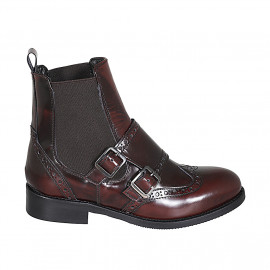 Stivaletto da donna con elastici, doppio monk strap e lavorazione a coda di rondine in pelle abrasivata bordeaux tacco 3 - Misure disponibili: 35, 43, 44, 46