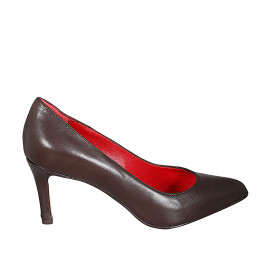 Woman's pump with rounded tip in brown leather heel 7 - Available sizes:  32, 33, 34, 35, 43, 44
