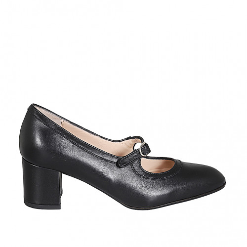 Zapato de salon para mujer en piel negra con cinturon tacon 6 - Tallas disponibles:  43, 44