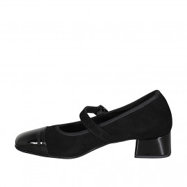 Mary Jane pour femmes en daim et cuir verni noir avec courroie elastique talon 4 - Pointures disponibles:  32, 35, 45 2