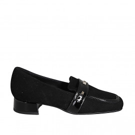 Woman's loafer with squared tip and studs in black suede and patent leather heel 3 - Available sizes:  33, 34, 35, 43, 44, 45