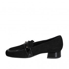 Mocassin à bout carré avec goujons pour femmes en daim et cuir verni noir talon 3 - Pointures disponibles:  33, 34, 35, 43, 44, 45 2