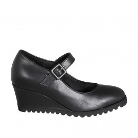 Escarpin pour femmes avec courroie et semelle amovible en cuir noir talon compensé 6 - Pointures disponibles:  42, 43, 44