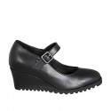 Woman's pump with strap and removable insole in black leather wedge heel 6 - Available sizes:  42, 43, 44