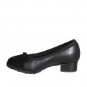 Woman's pump with removable insole, bow and captoe in black leather and suede heel 3 - Available sizes:  33, 42