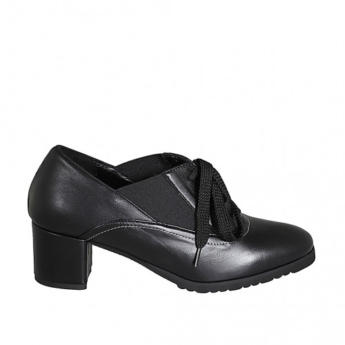 Woman's laced Oxford shoe in black leather with elastic bands and removable insole heel 5 - Available sizes:  31, 42, 43