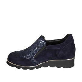 Woman's shoe with zippers and removable insole in blue suede and printed lamianted suede wedge heel 3 - Available sizes:  42 2