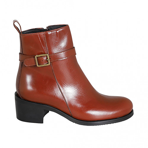 Woman's ankle boot with buckle and zipper in cognac brown leather heel 5 - Available sizes:  42, 43