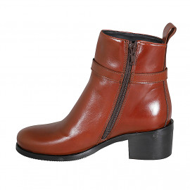 Woman's ankle boot with buckle and zipper in cognac brown leather heel 5 - Available sizes:  42, 43 2