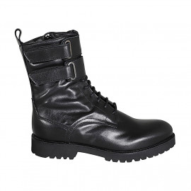 Bottines pour femmes à lacets avec fermeture éclair et velcro en cuir noir talon 3 - Pointures disponibles:  32, 34, 35, 43, 45, 46