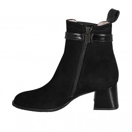 Woman's ankle boot with zipper, strap and elastic band in black suede and patent leather heel 5 - Available sizes:  32, 33, 44, 45 2