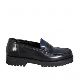 Mocassin pour femmes en cuir brossé noir et bleu talon 3 - Pointures disponibles:  32, 33, 43, 44