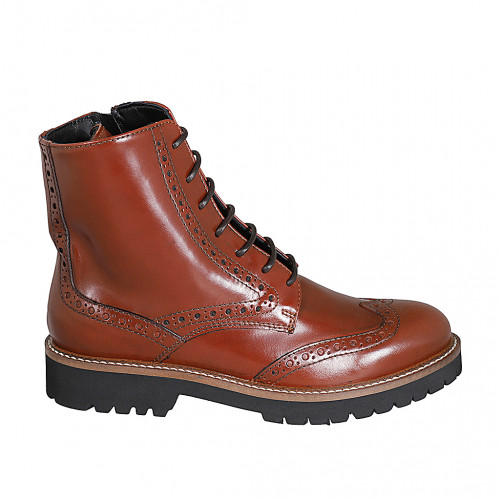 Woman's laced ankle boot with zipper and wingtip in cognac brown leather heel 3 - Available sizes:  32, 43, 44